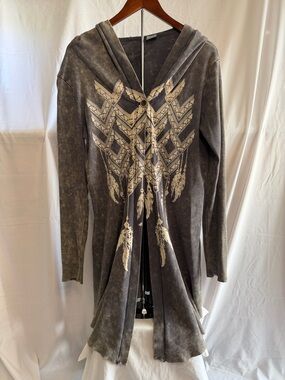 Gray Hooded Graphic Long Cardigan with Feather Motif